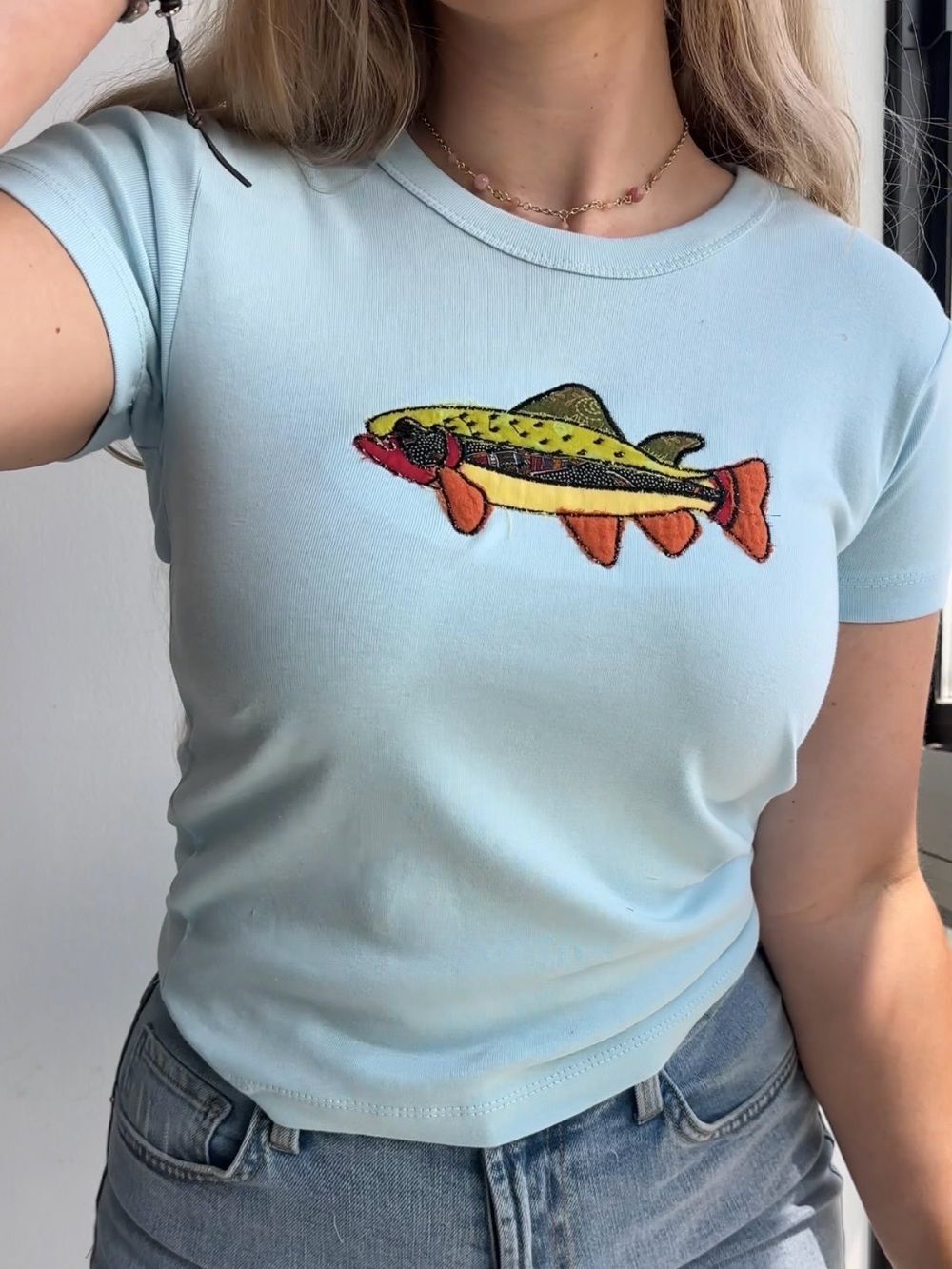 NWT 100% Cotton Light Blue Women's Fish Embroidered Baby Tee